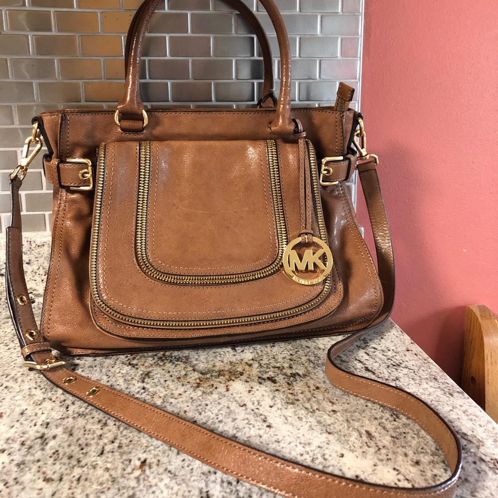 Michael Kors Naomi Leather Satchel Purse in Acorn Color